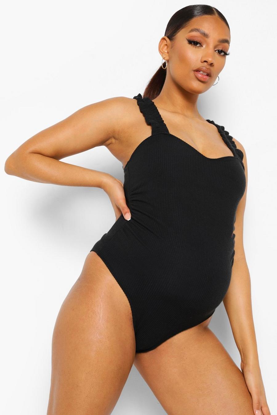 Black Maternity Crinkle Ruffle Swimsuit image number 1