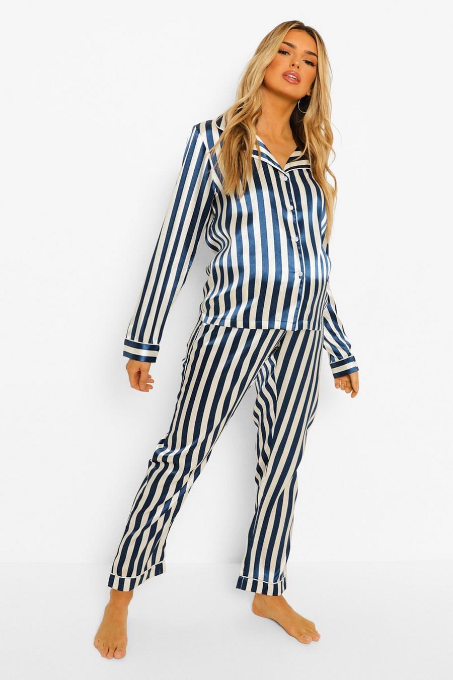 Umstandsmode Pyjama aus Satin mit Nadelstreifen, Marineblau image number 1