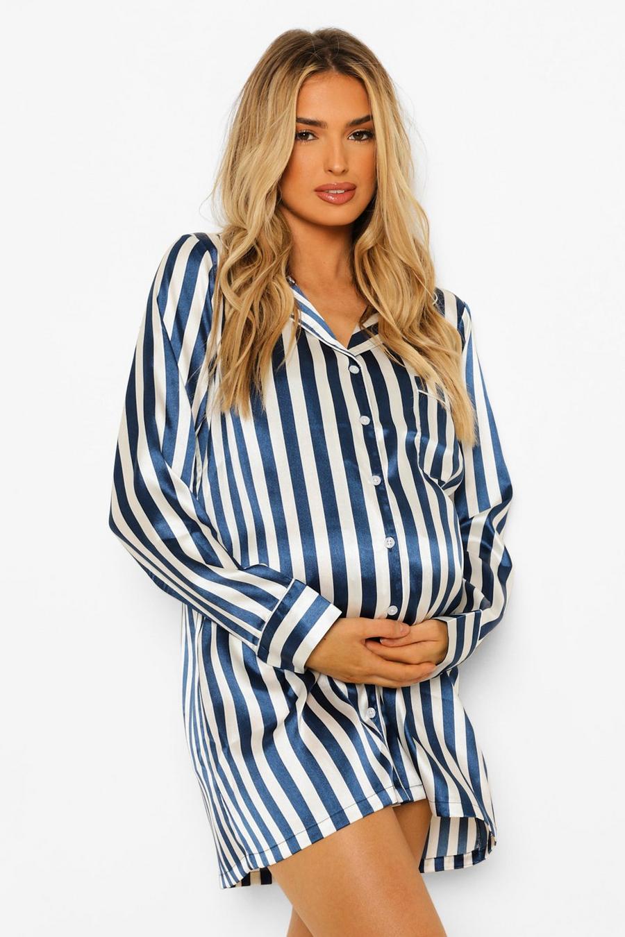 Navy Maternity Pinstripe Satin Nightgown image number 1