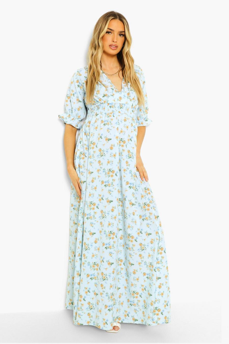 Blue Maternity Floral Puff Sleeve Maxi Dress image number 1