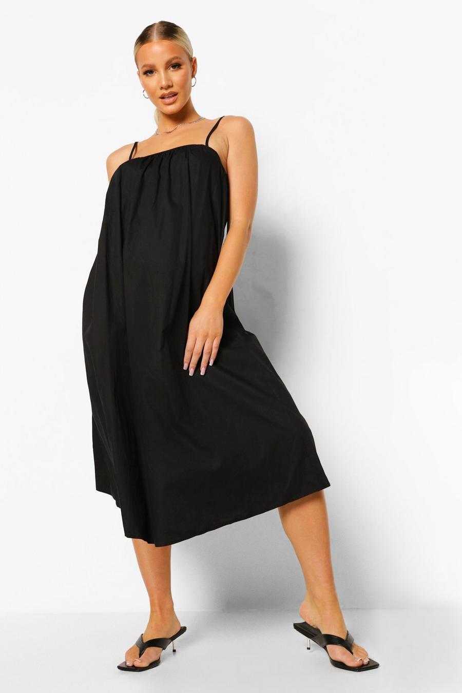 Black Maternity Cotton Poplin Strappy Midi Dress image number 1