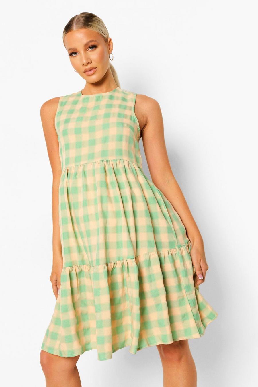 Green Maternity Gingham Woven Smock Dress image number 1