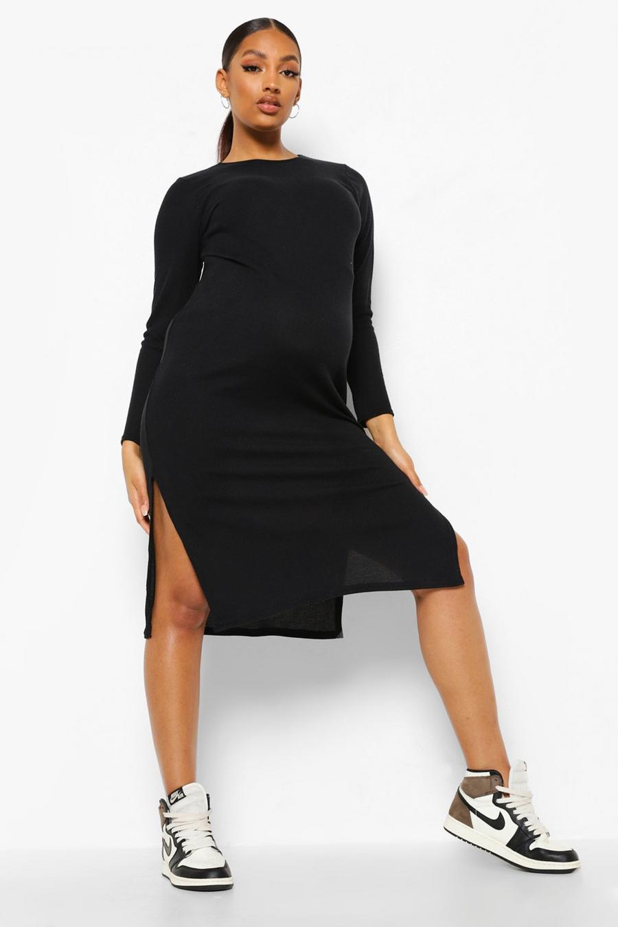 Black Maternity Soft Rib Side Split Midi Dress image number 1