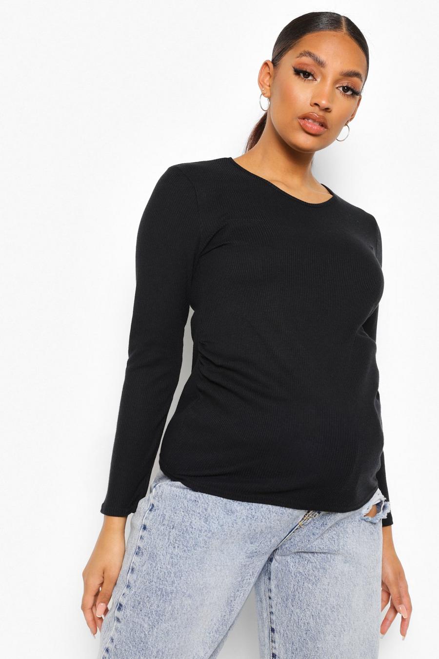Black Maternity Rib Long Sleeve Ruched T Shirt image number 1