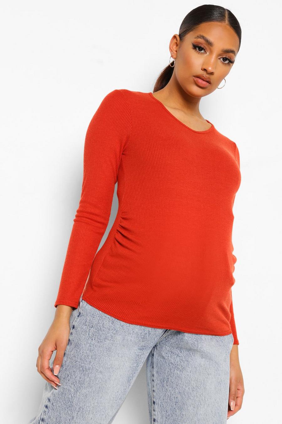 Rust Maternity Rib Long Sleeve Ruched T Shirt image number 1