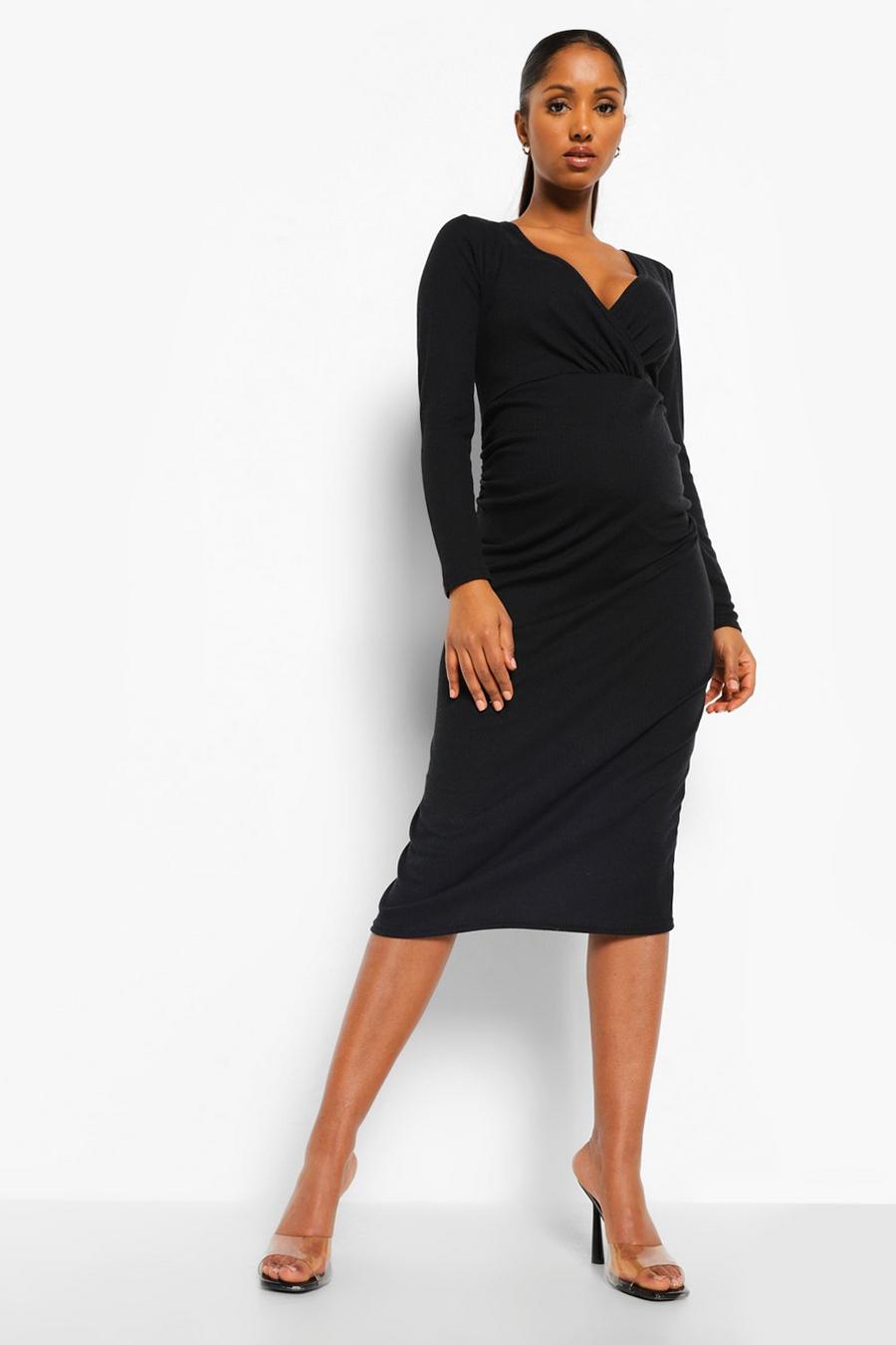 Black Maternity Rib Nursing Wrap Midi Dress image number 1