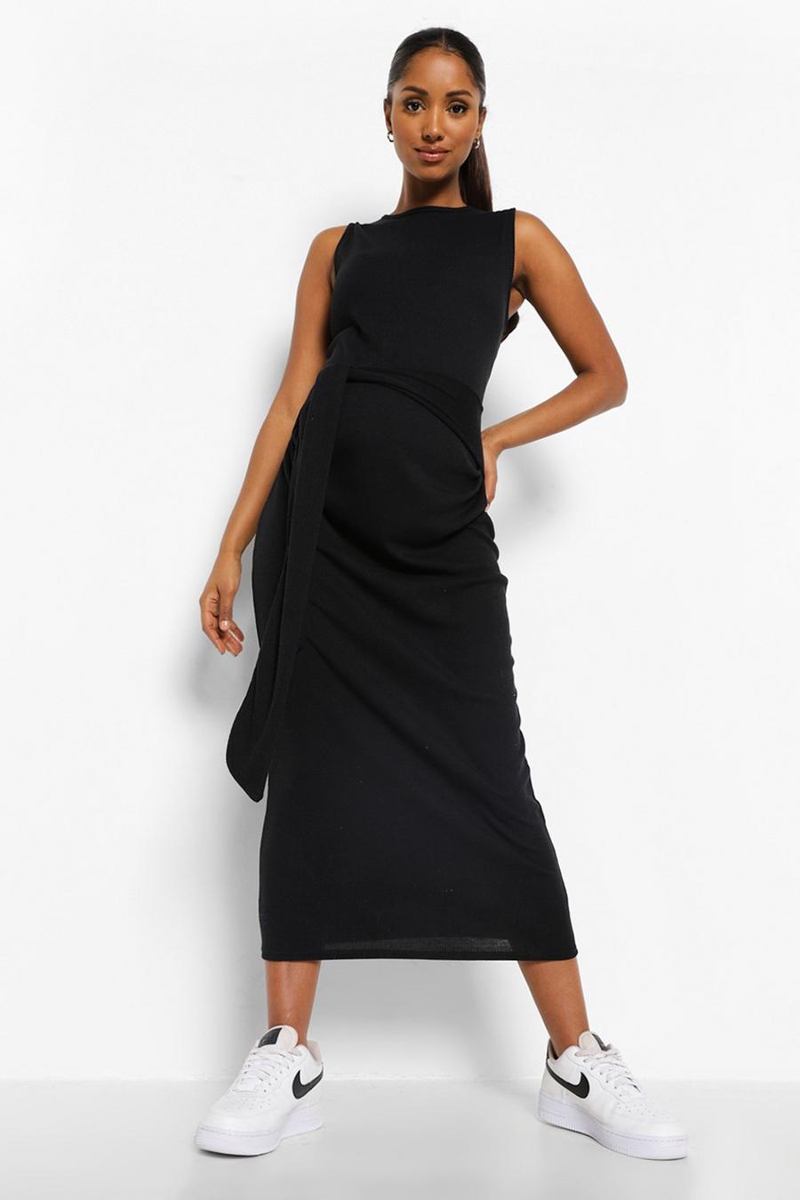 Umstandsmode Midaxi-Kleid aus Rippstrick mit Bindegürtel, Schwarz image number 1