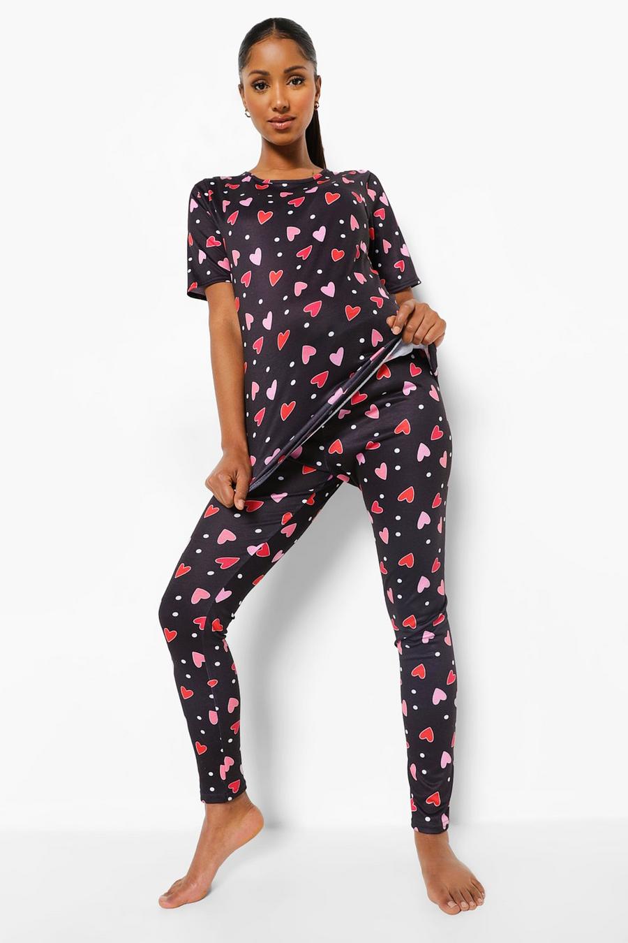 Conjunto de pijama premamá con estampado de corazones, Negro image number 1