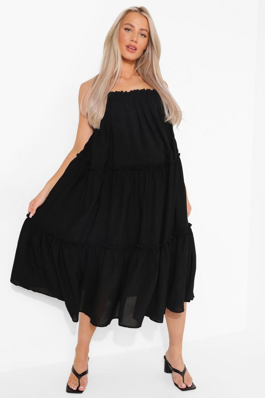 Black Maternity Strappy Ruffle Tiered Midi Dress image number 1