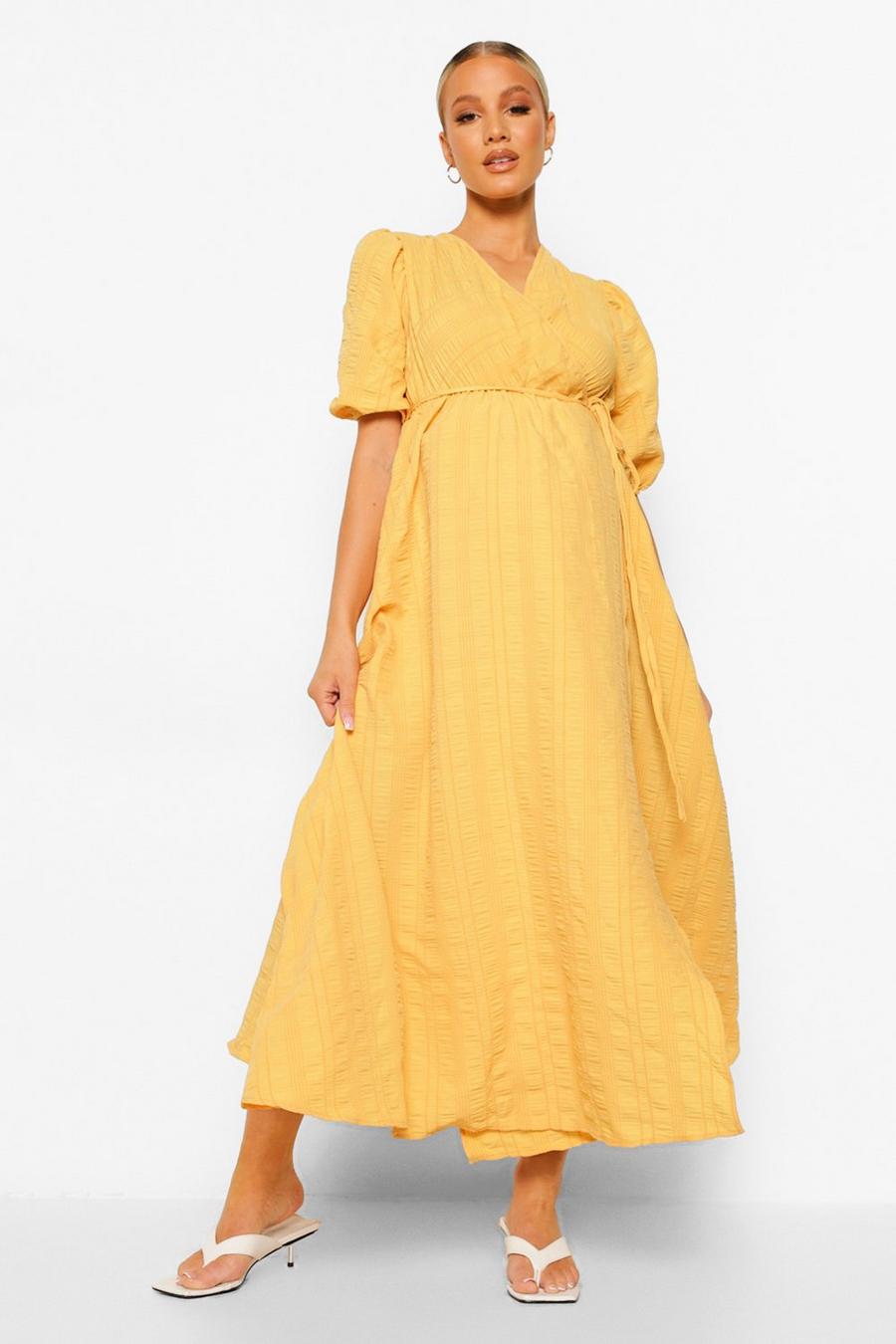 Lemon yellow Maternity Crinkle Wrap Midaxi Dress