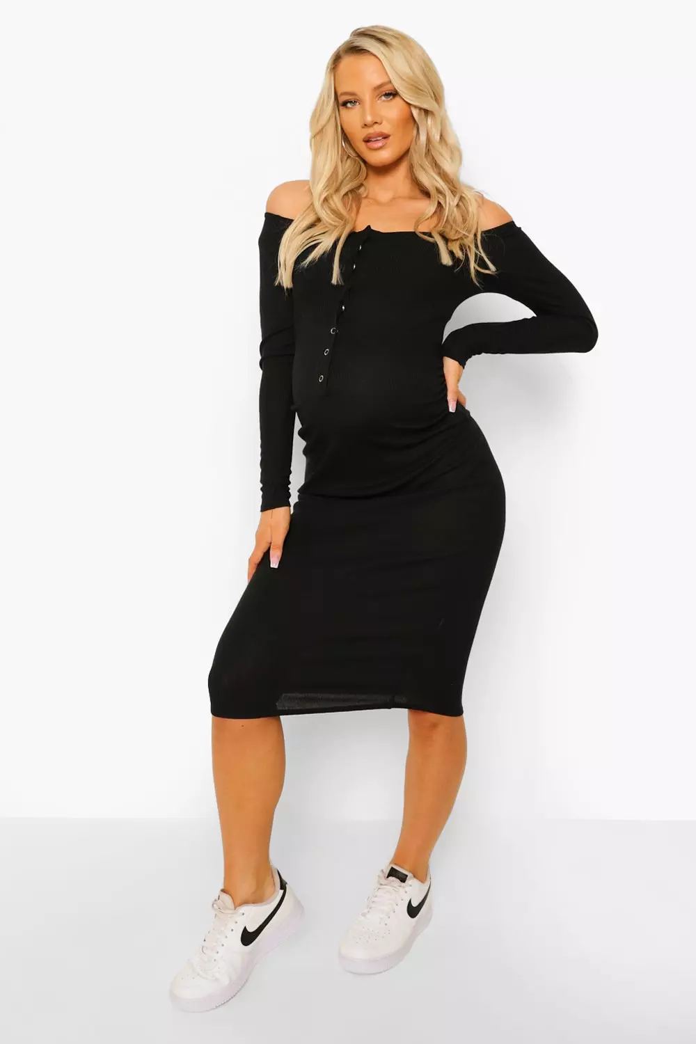 Maternity Rib Popper Detail Midi Dress