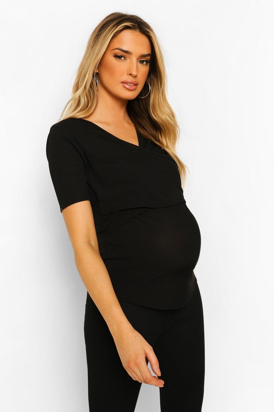 Black Maternity Rib Wrap Nursing T-Shirt image number 1