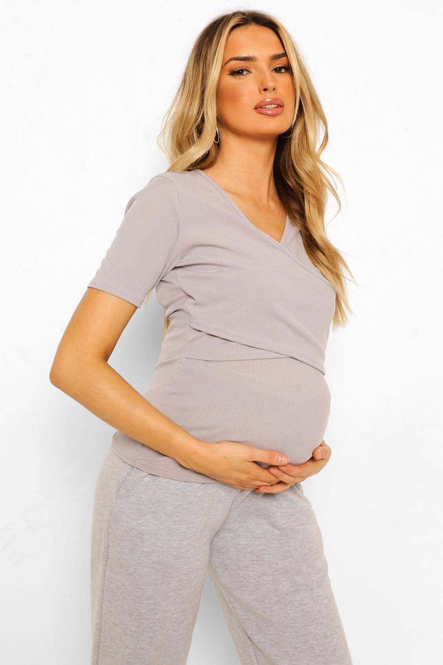 Grey Maternity Rib Wrap Nursing T-Shirt image number 1