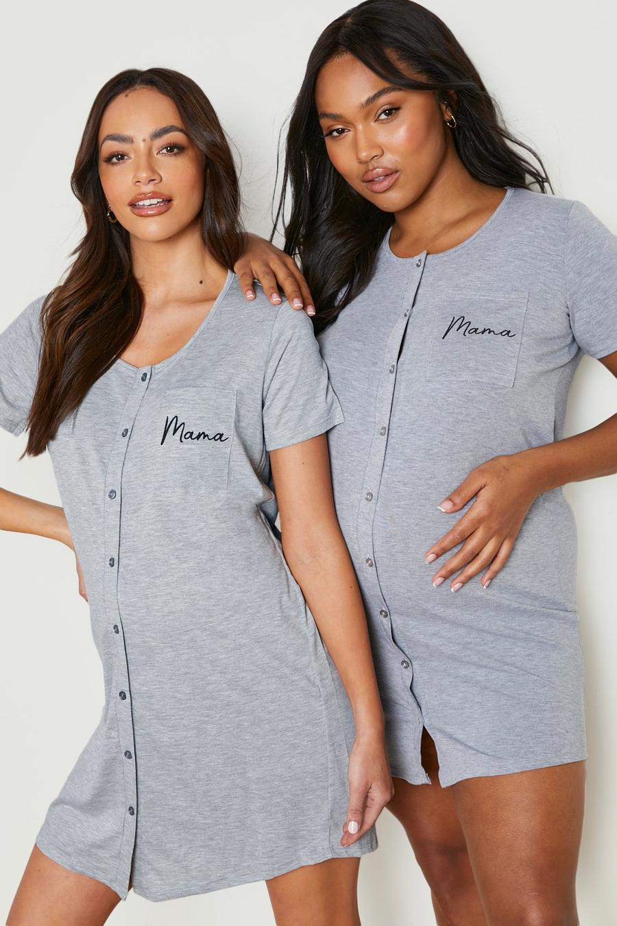 Umstandsmode Nachthemd mit Mama-Print und Knöpfen, Grau gris