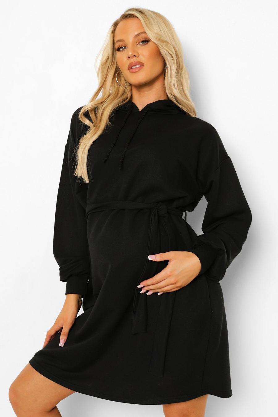 Black Maternity Tie Waist Hooded Sweatshirt Dress image number 1
