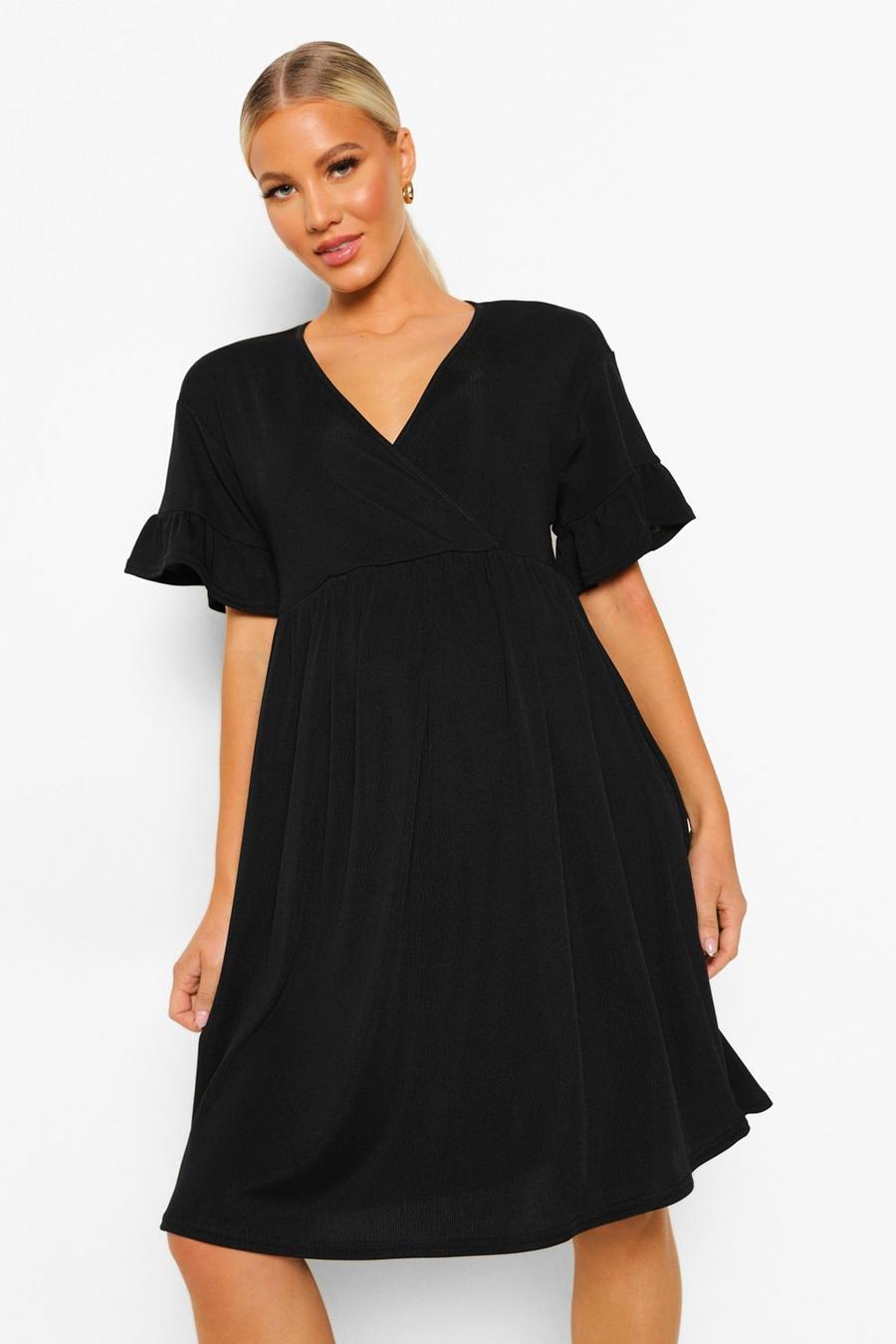 שחור שמלת סמוק ארוגה עם מעטפת מלפנים להיריון image number 1
