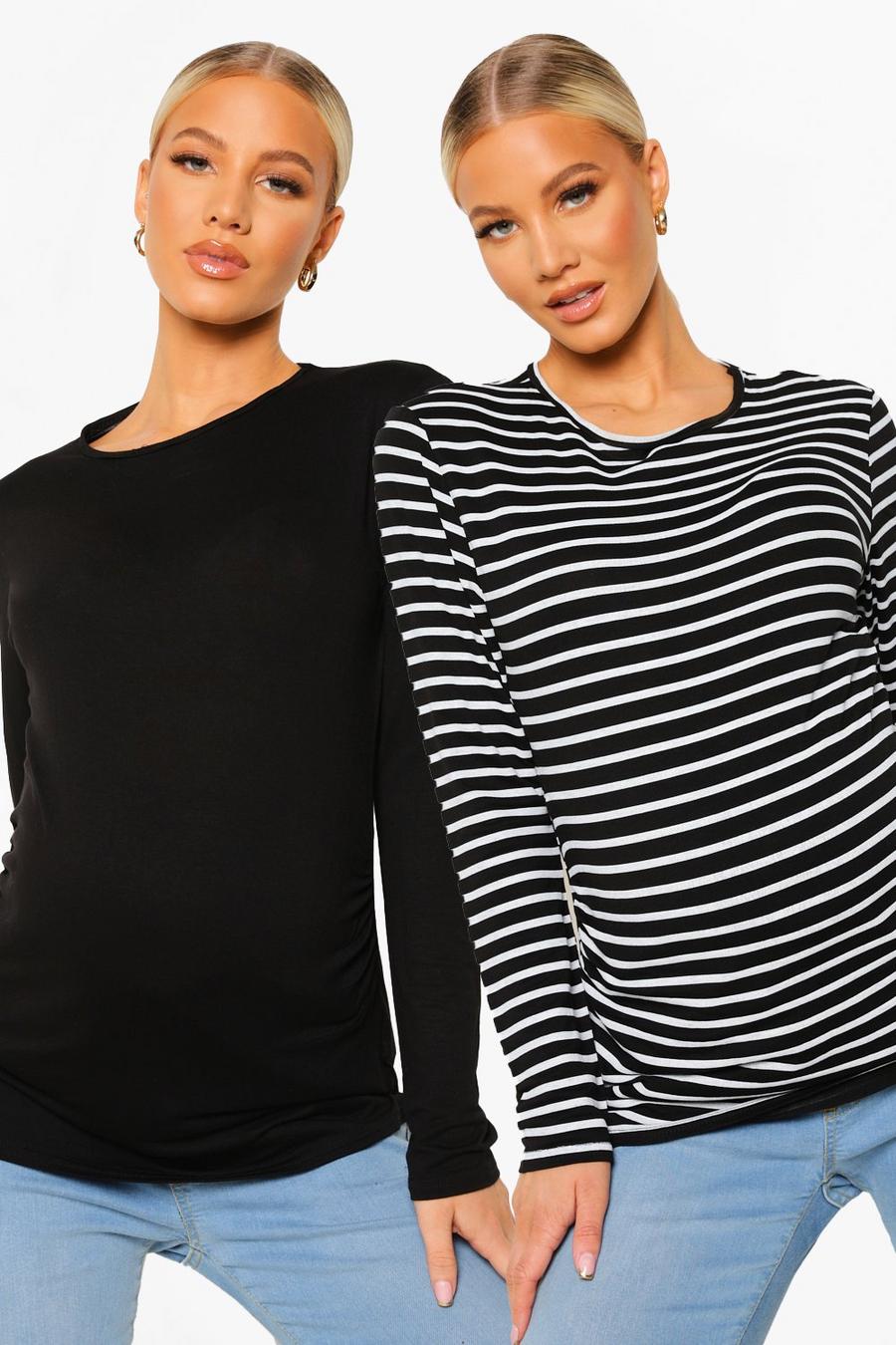 Black Maternity Long Sleeve Stripe T Shirt 2 Pack image number 1