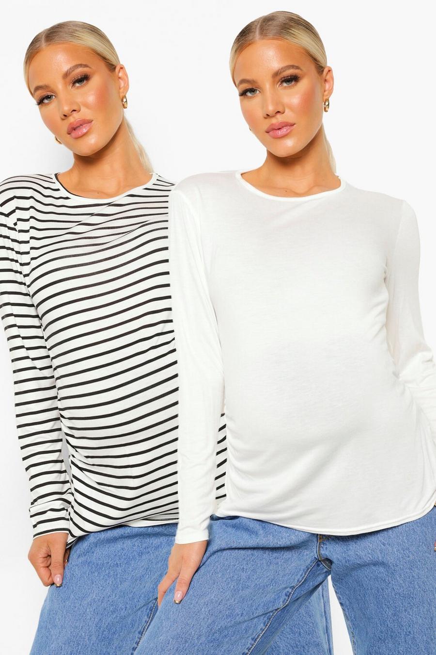 White Maternity Long Sleeve Stripe T Shirt 2 Pack image number 1