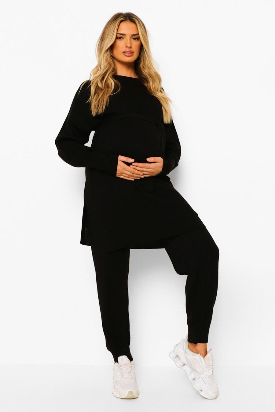 Black Maternity Tie Waist Knitted Loungewear Set image number 1