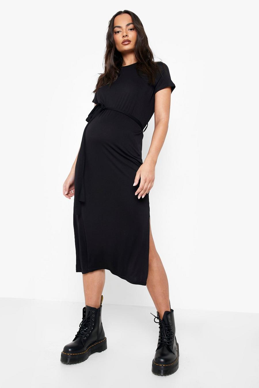 Black Maternity Tie Waist Midi Dress image number 1