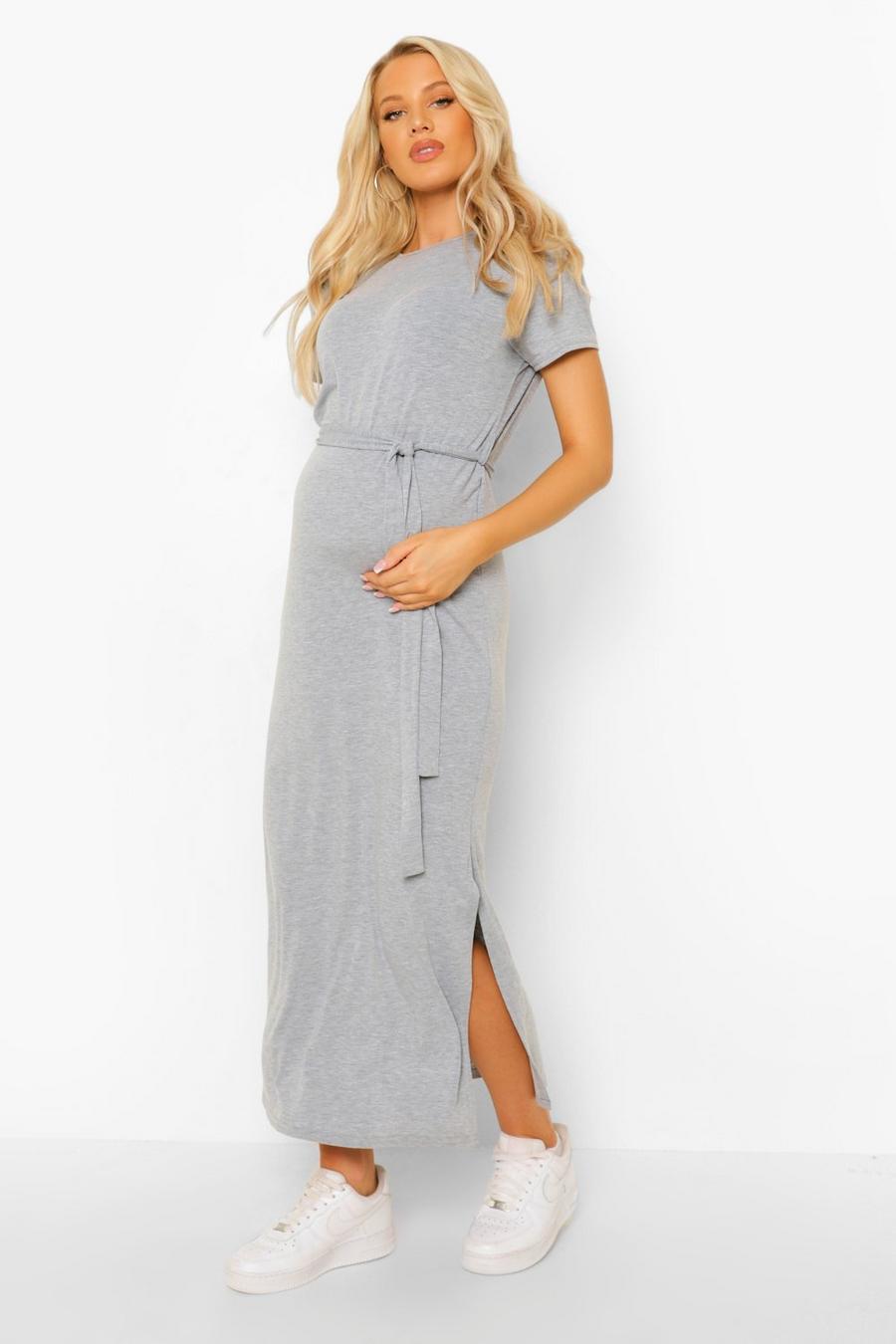Grey marl Maternity Tie Waist Midaxi Dress image number 1