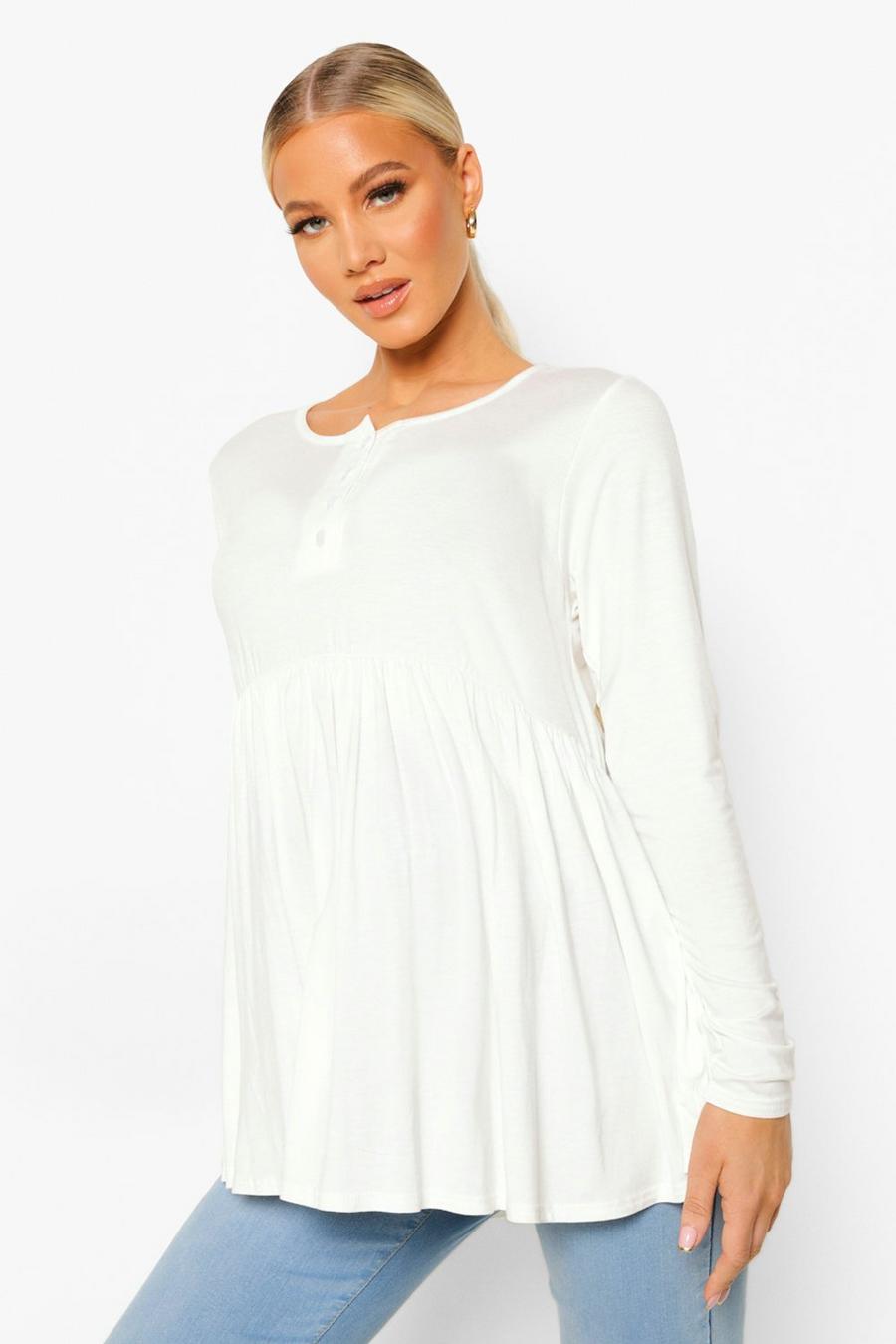 White Maternity Crew Neck Button Front Smock image number 1