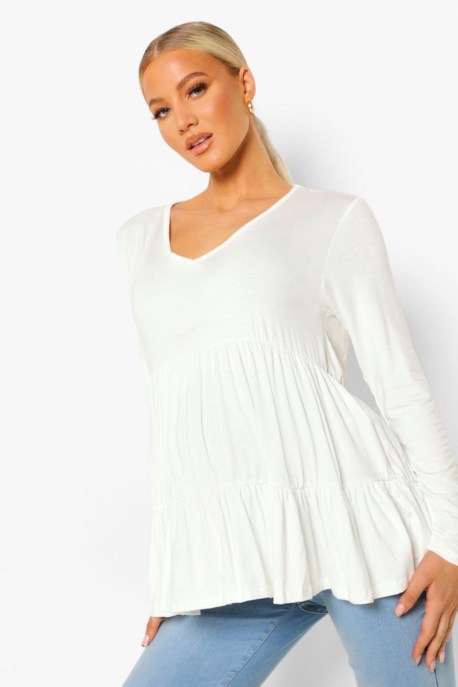 White Maternity V Neck Tiered Smock Top image number 1