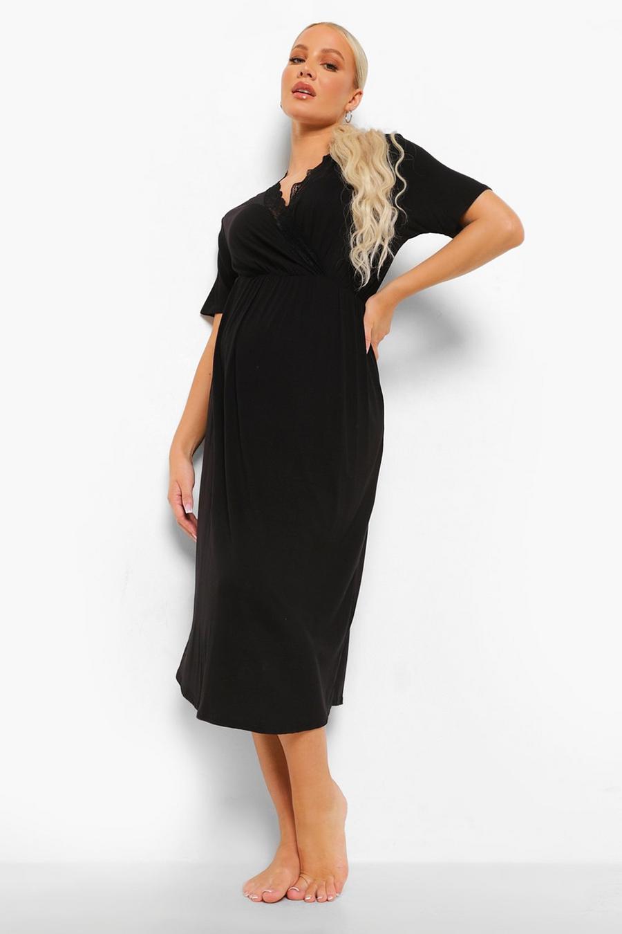Black Maternity Lace Trim Cap Sleeve Nightgown image number 1