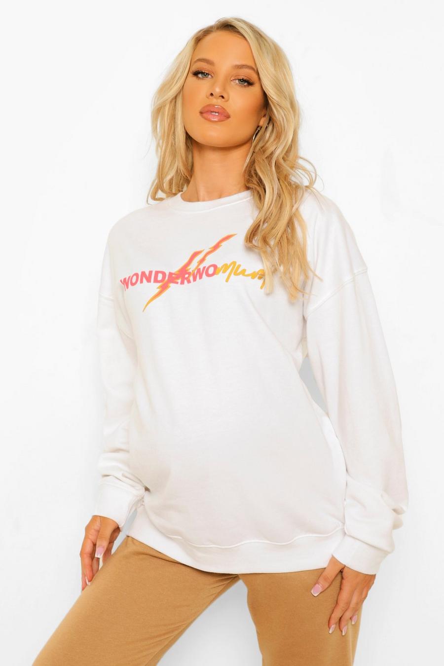 White Maternity 'Wondermomum' Slogan Sweatshirt image number 1