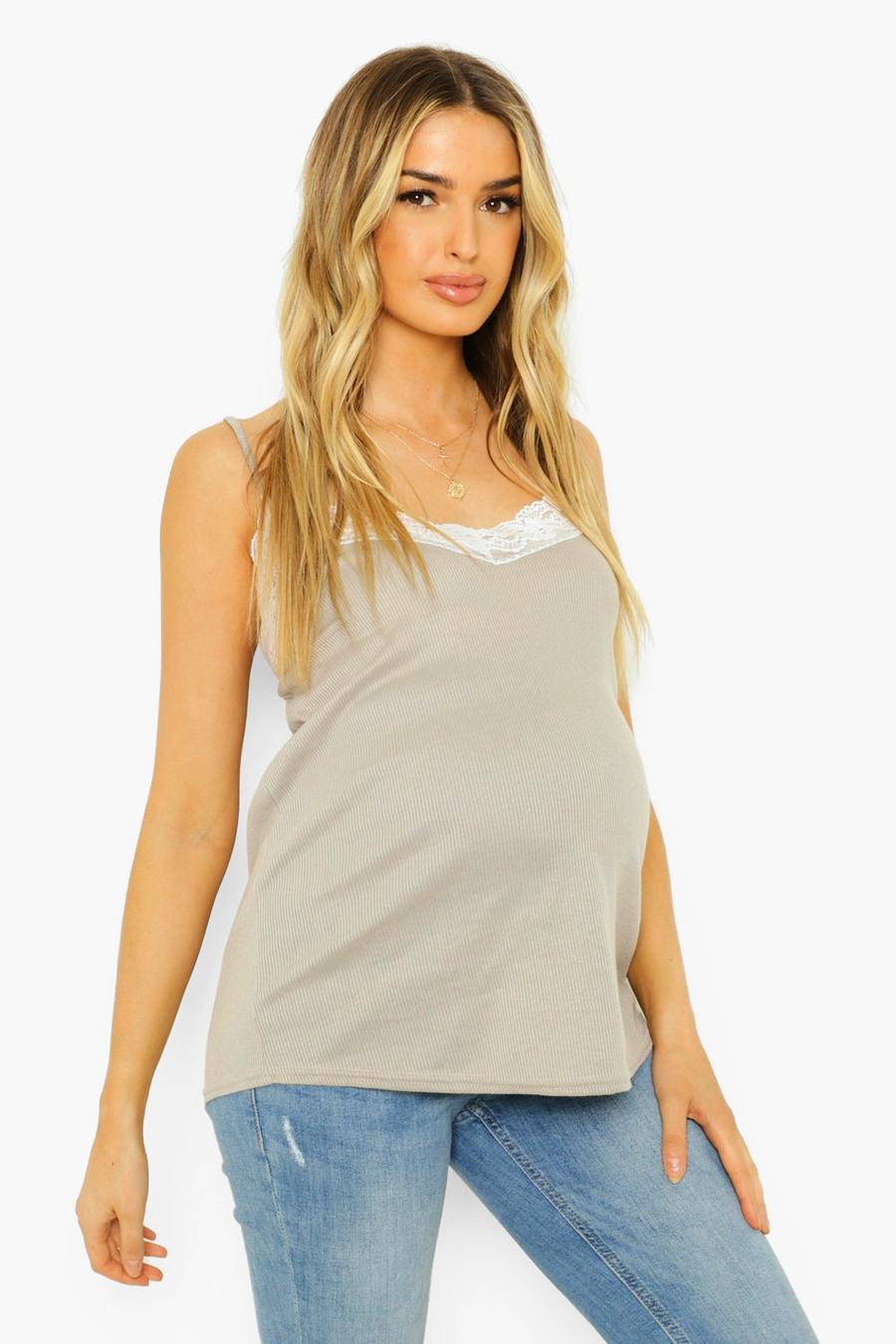 Grey marl Maternity Rib Lace Trim Camisole image number 1