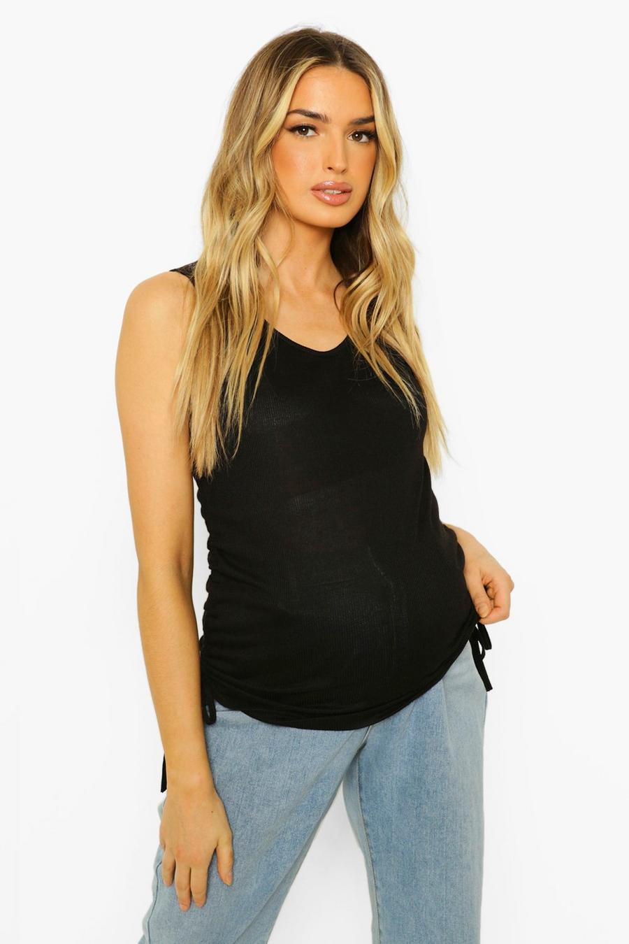 Black Maternity Rib Ruched Side Tank Top image number 1