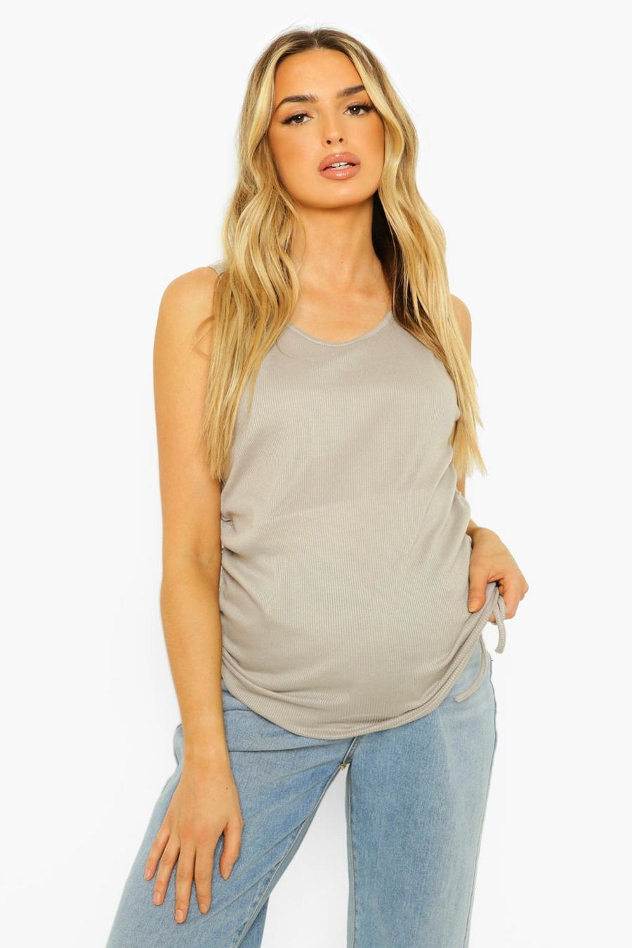 Grey Maternity Rib Ruched Side Tank Top image number 1