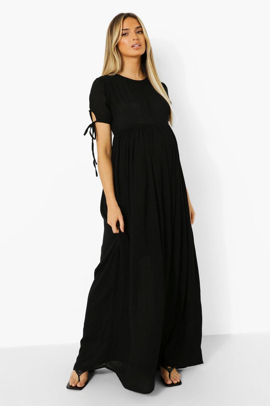שחור שמלת מקסי מבד אוורירי עם קשירה בשרוולים להיריון image number 1
