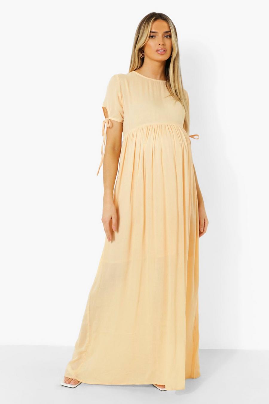 Stone beige Maternity Tie Sleeve Cheesecloth Maxi Dress