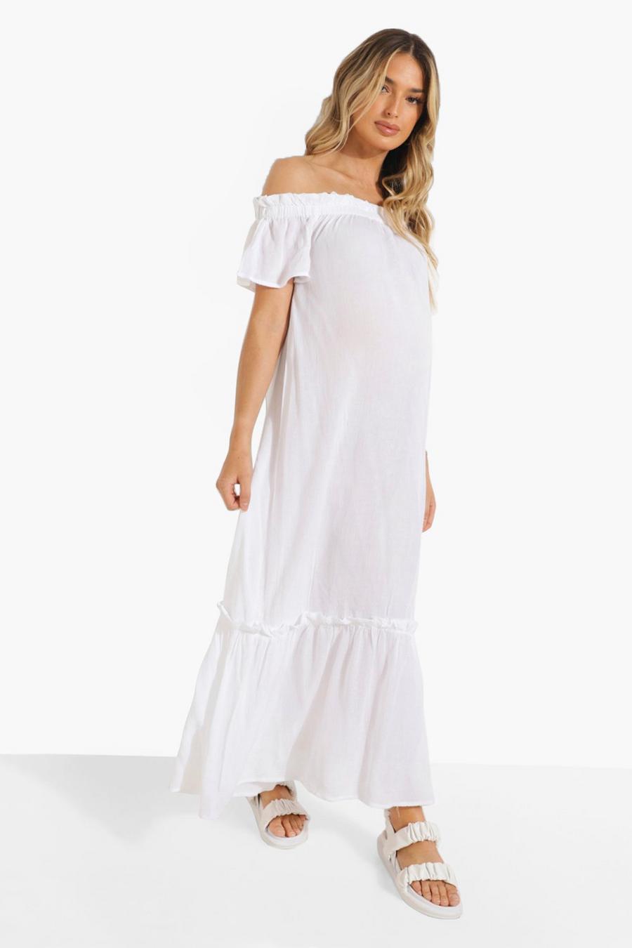 לבן שמלה מבד אוורירי בסגנון ברדו עם מלמלה להיריון image number 1