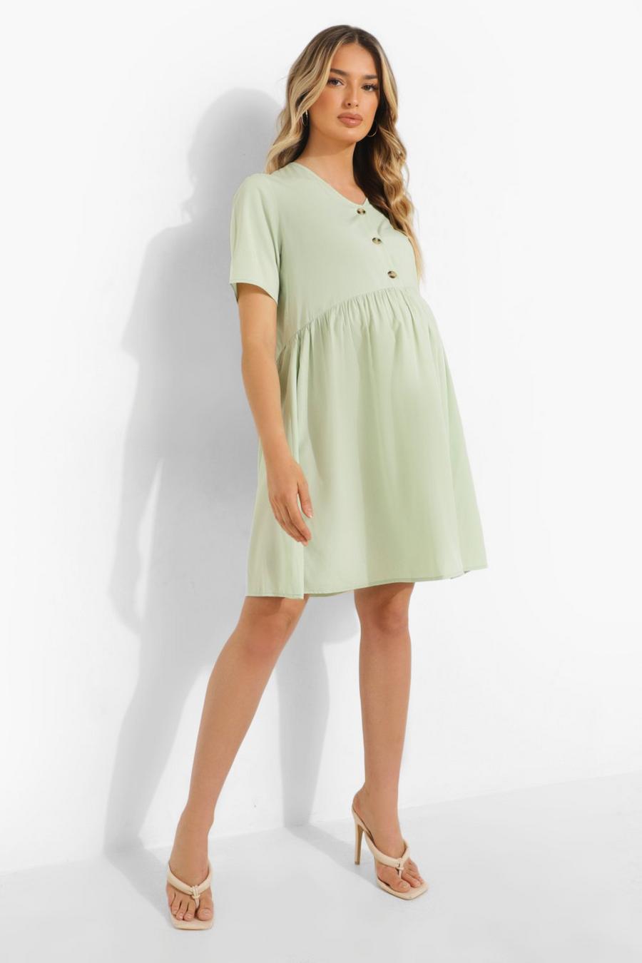 Sage green Maternity Button Down Smock Dress image number 1