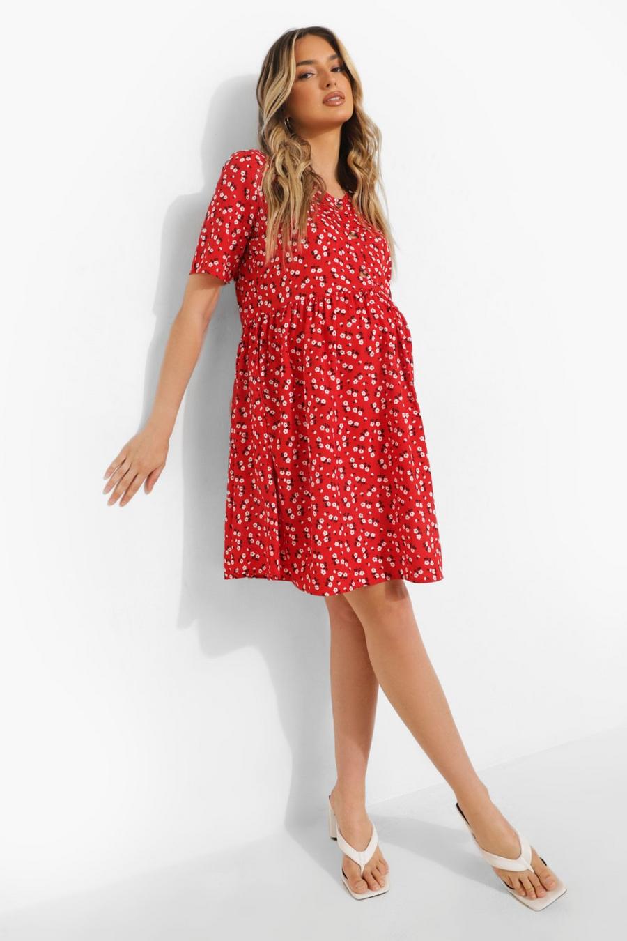 Red Maternity Floral Button Down Smock Dress image number 1