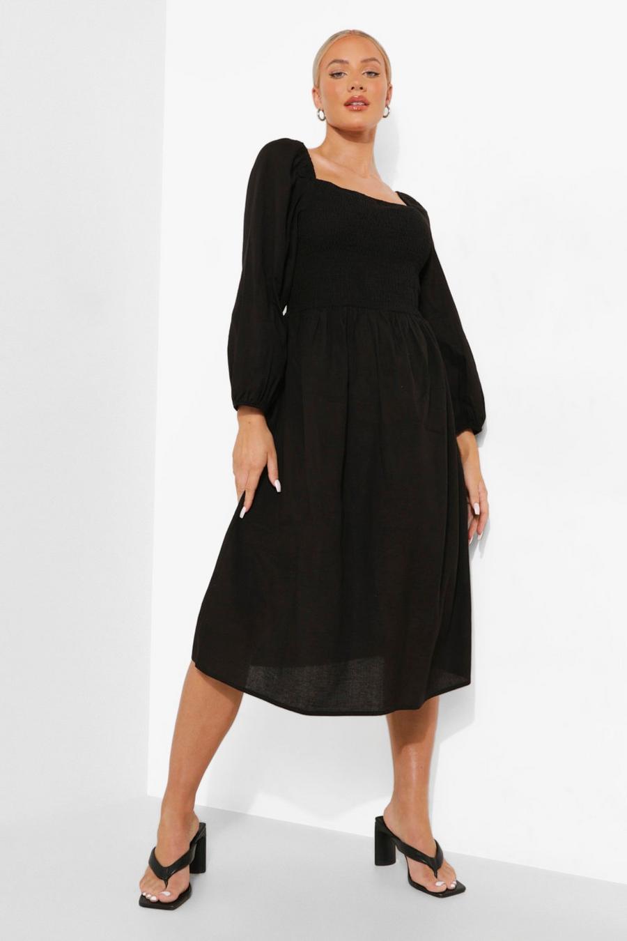 Black Maternity Linen Shirred Midi Dress image number 1