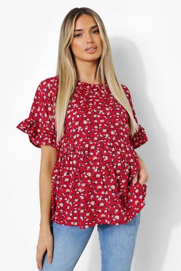 Maternity Floral Cross Back Woven Smock Top red