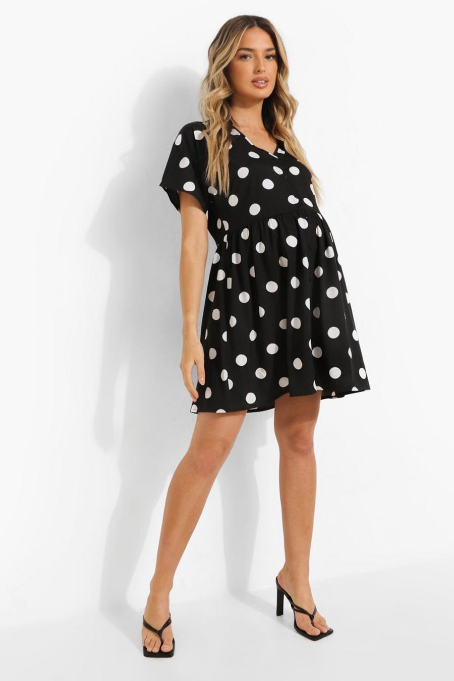 Black Maternity Spot Button Through Smock Dress image number 1