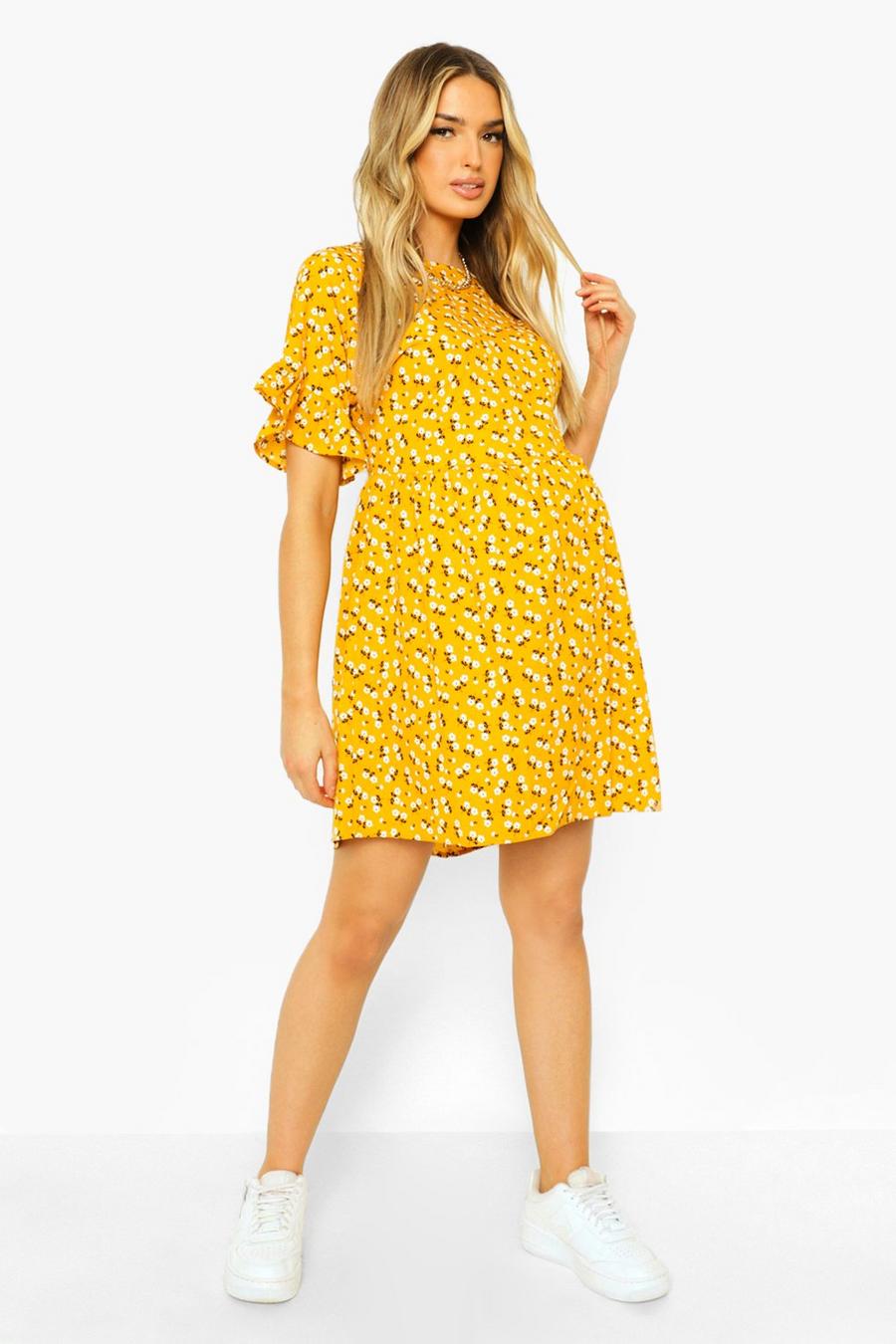 Mustard gul Maternity Floral Frill Sleeve Smock Dress