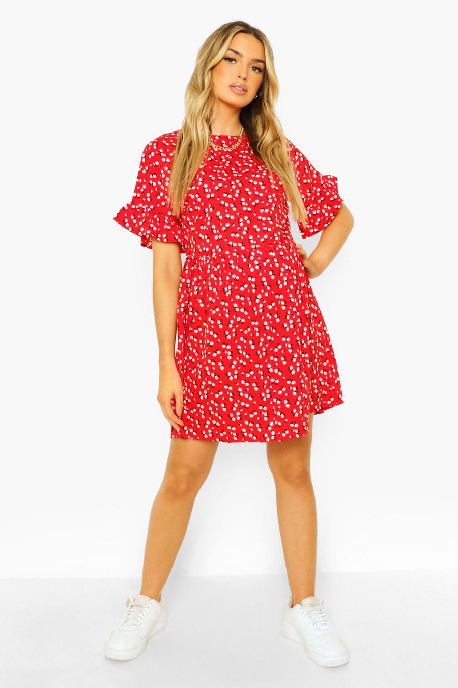Red Maternity Floral Frill Sleeve Smock Dress