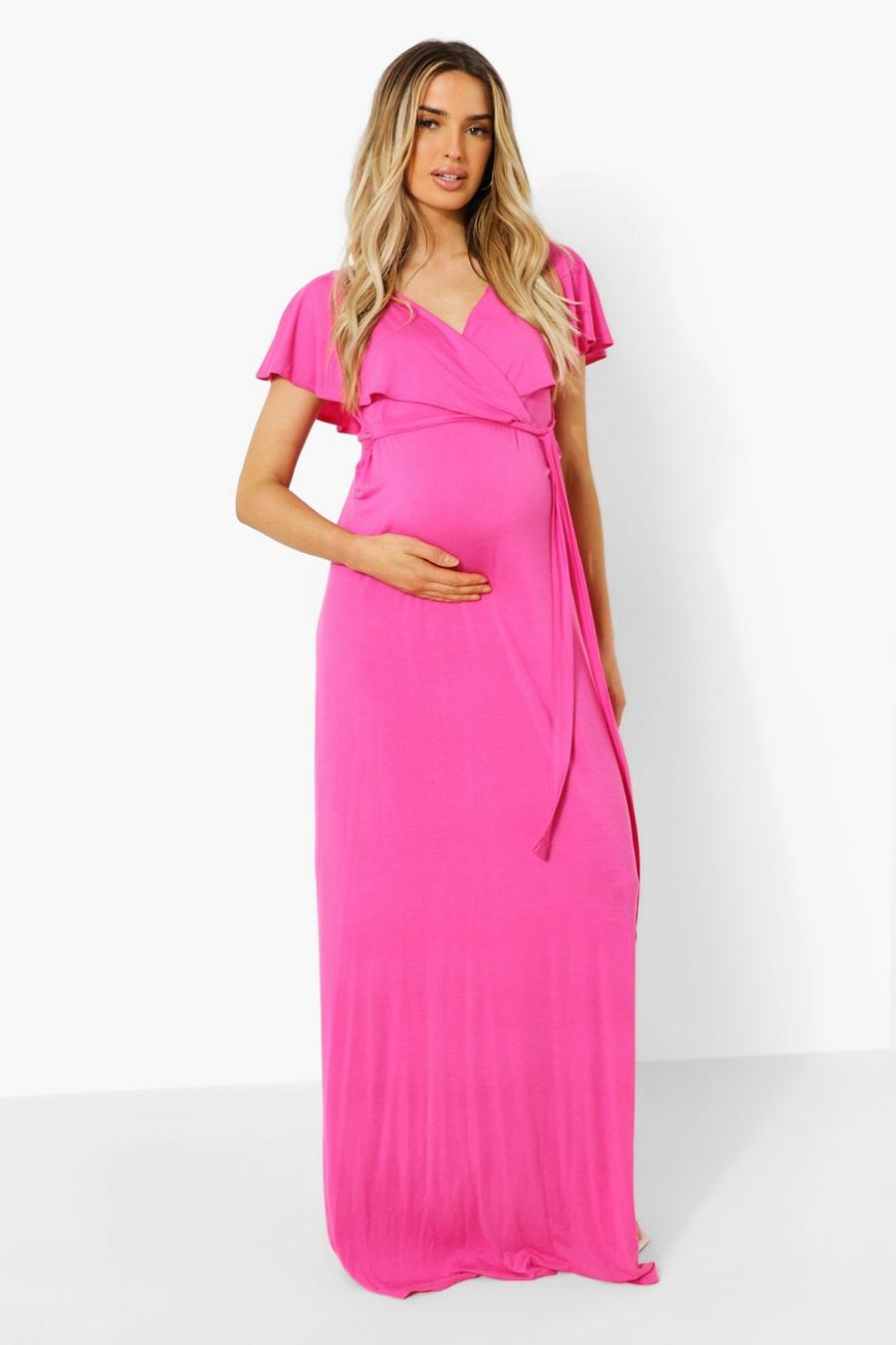 Bright pink Maternity Wrap Tie Waist Maxi Dress image number 1