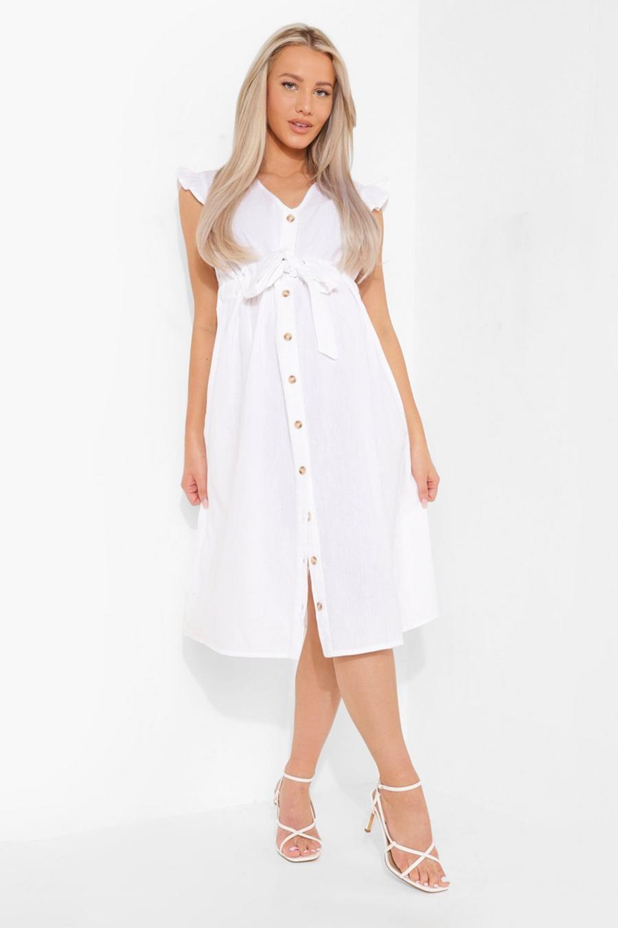 White Maternity Cotton Button Down Midi Dress image number 1