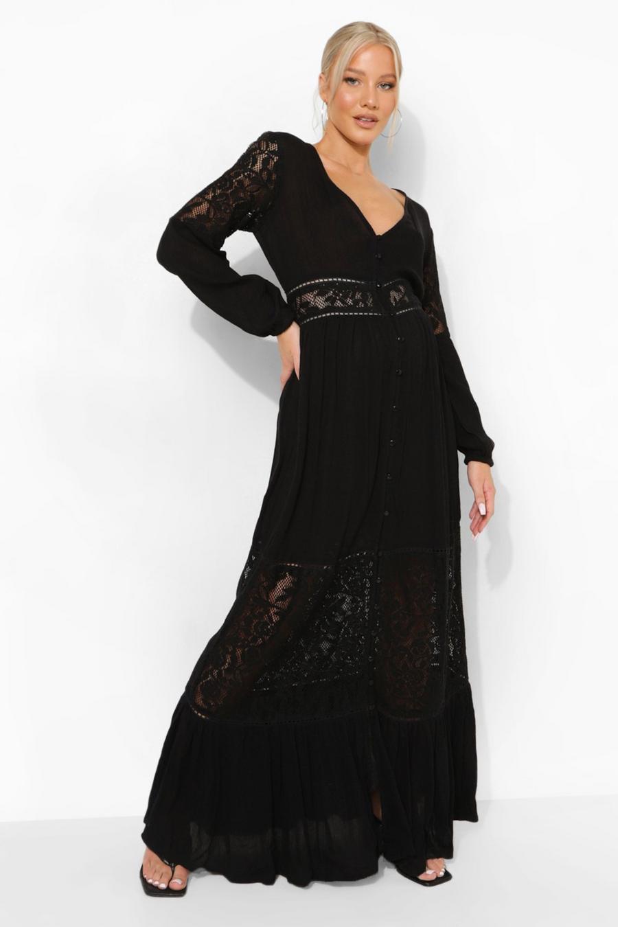 Black svart Maternity Boho Lace Insert Maxi Dress