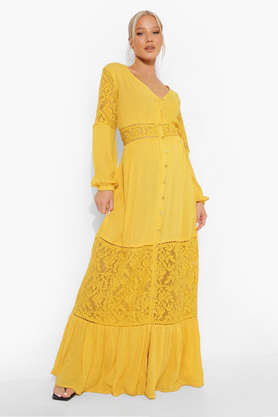 Ochre jaune Maternity Boho Lace Insert Maxi Dress