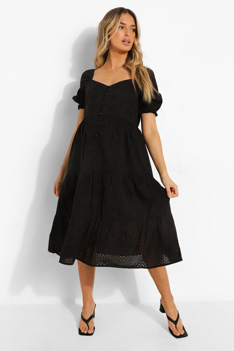 שחור שמלת מידי עם כפתורים בחזית בסגנון ברודרי להיריון image number 1