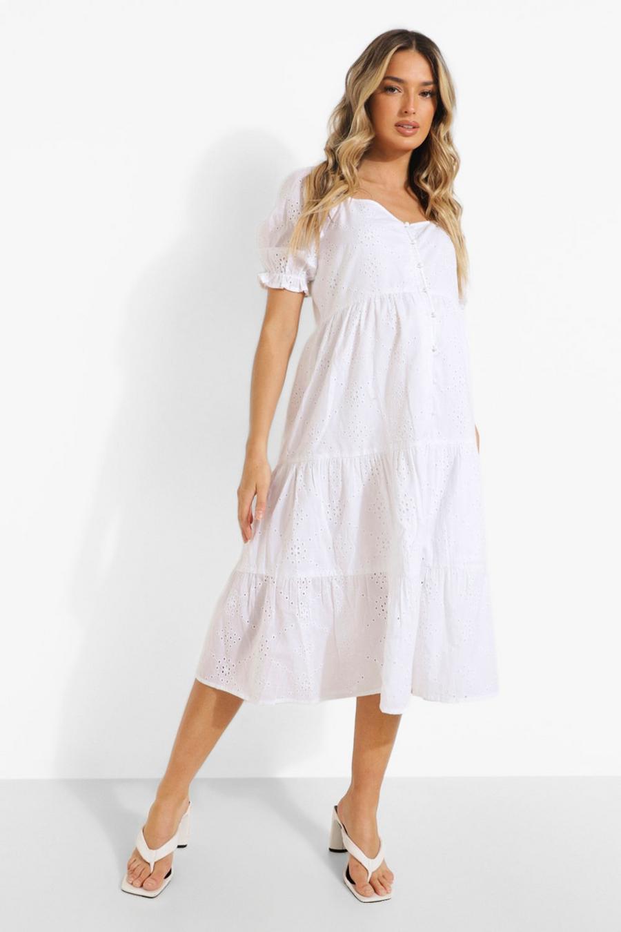 White Maternity Eyelet Button Front Midi Dress image number 1