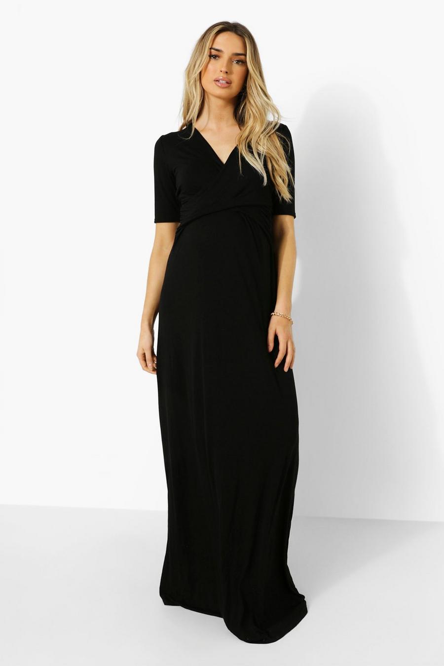 Black Maternity Wrap Front Maxi Dress image number 1