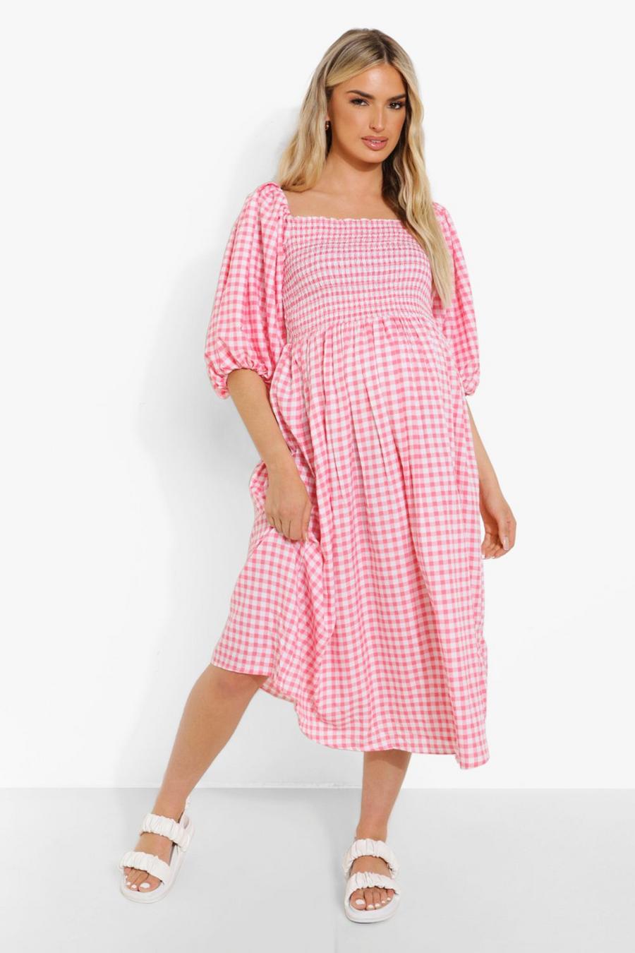 Pale pink Maternity Gingham Puff Sleeve Midi Dress image number 1